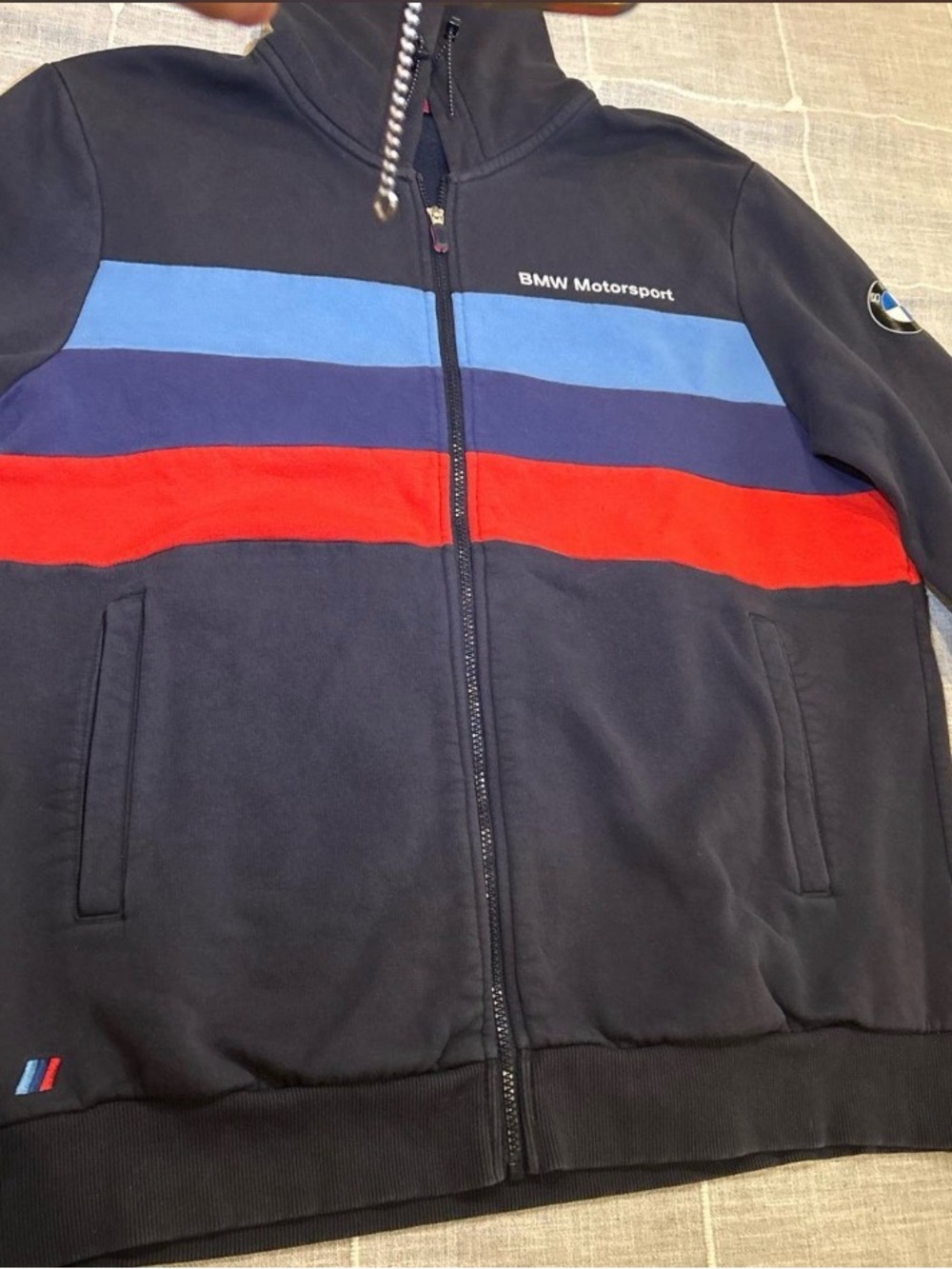 Puma Navy Zip-Up Sweater with Blue and Red Stripes